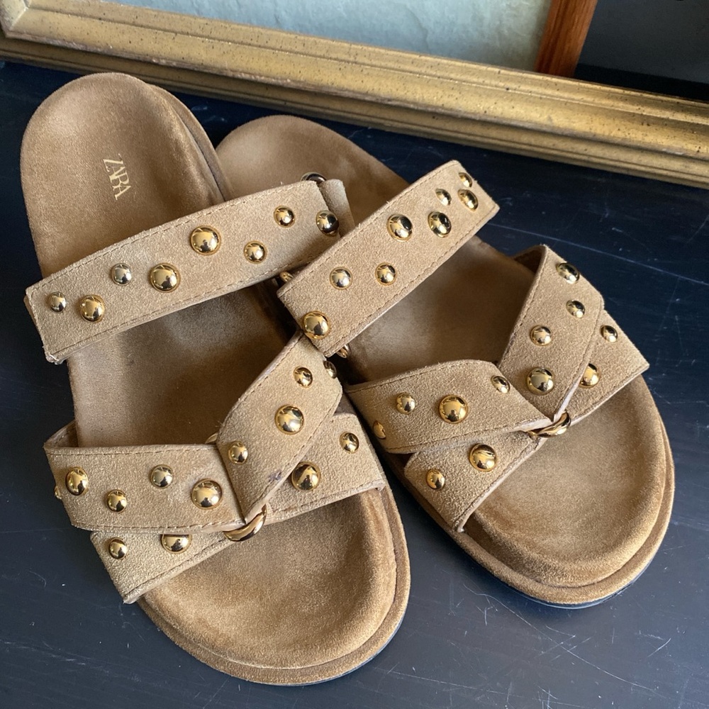 Zara Tan Suede Slide Sandals with Gold Studs